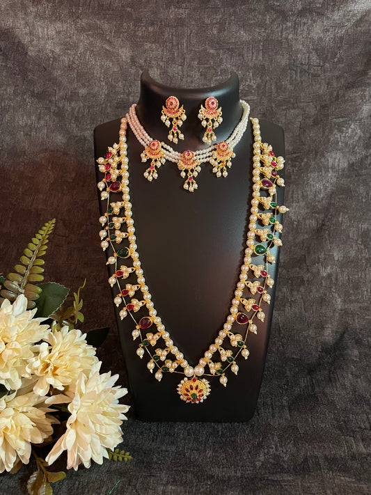 Regal Pearl & Stone-Studded Artificial Necklace Set